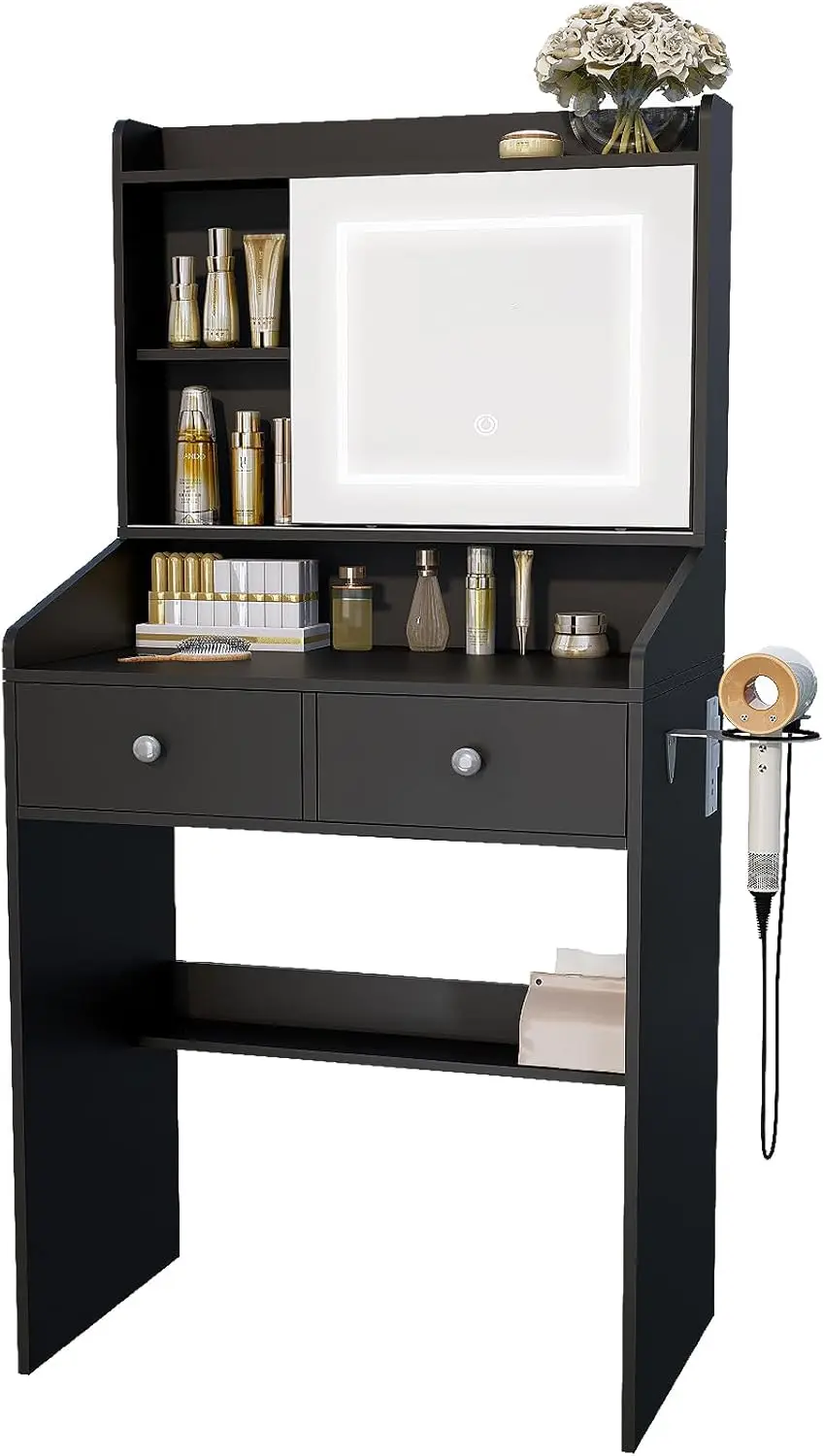 Black Small Vanity Desk for Bedroom, with Sliding Mirror, Dimmable LED Lights, and 2 Drawers