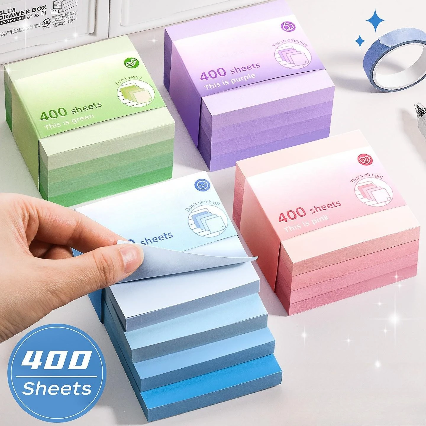400 Sheets Gradient Square Sticky Notes, Easy Tear, Reusable, Smooth Writing, Ideal for Students, Classroom, Planner, Office Use