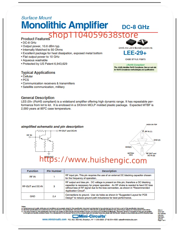 LEE-29+ RF Amplifier IC Ponsel, PCS 0Hz ~ 8GHz FG873