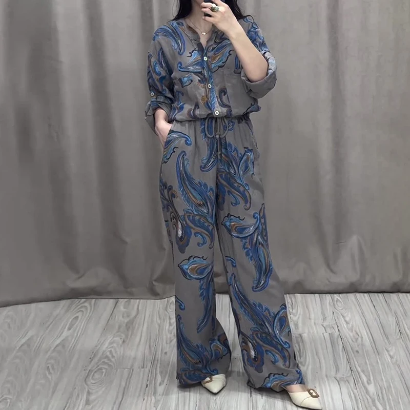 Forest Style Pattern Print Vintage Set Women Spring Adjusted Long Sleeve Shirt & Tie-up Pants Outfit New Summer Button 2pcs Suit