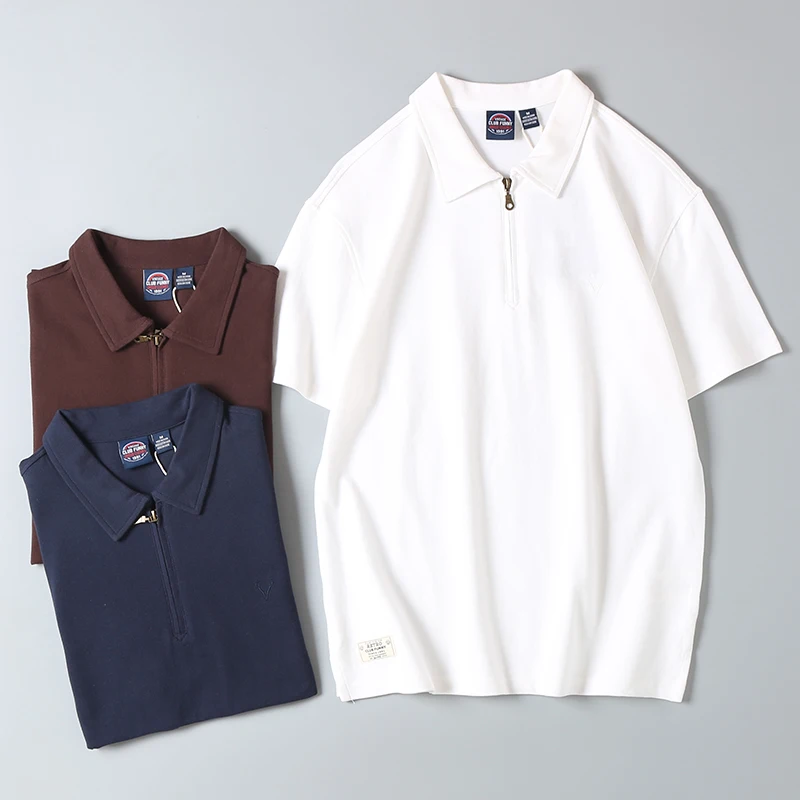 American Retro f Zip irt ort Sve Turn-down Collar Men's T-irt Summer Busin Casual Cotton 00% Pure Color