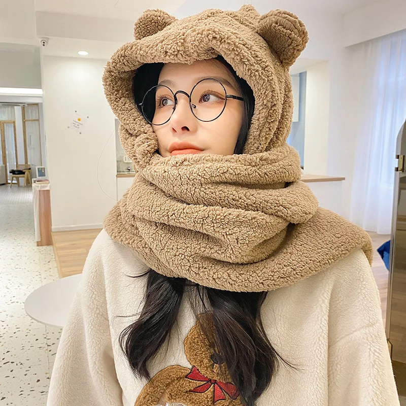 Cute Bear Ear Hat Scarf Women\'s Korean-Style Autumn and Winter Thickening Warm Earflaps Cap Fashion Hooded