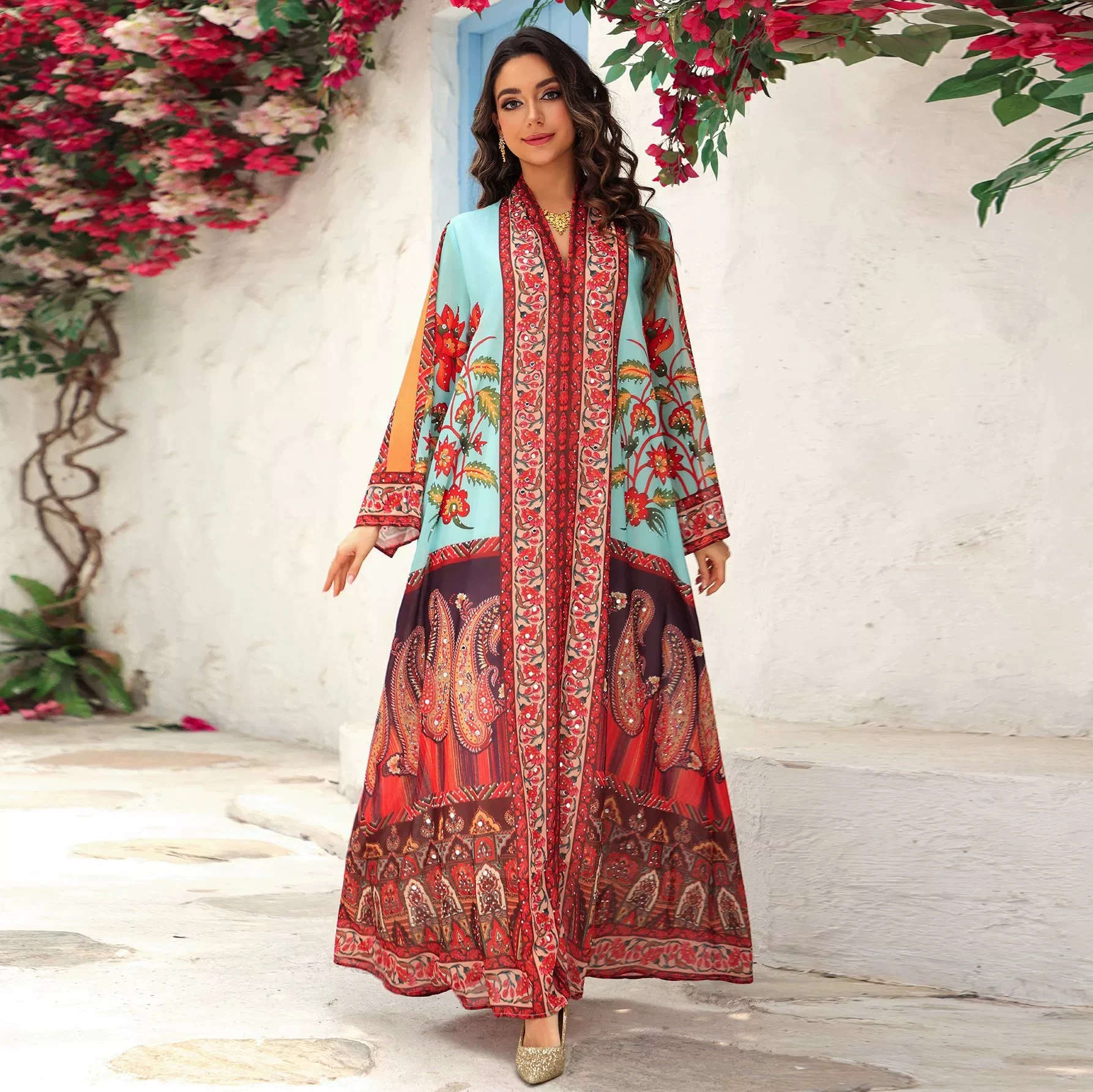 

Muslim Fashion Dress Summer Hoodie Saudi Arabia Dubai High end Printed Robe Hot Diamond Multi color Chiffon Skirt