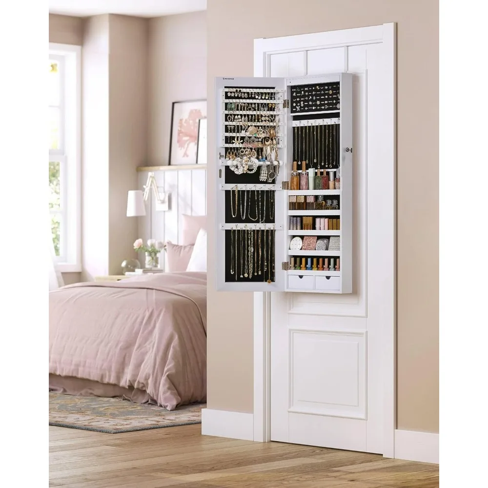 Hanging Jewelry Cabinet, Wall-Mounted Cabinet With LED Interior Lights, Full-Length Mirror,Door-Mounted Jewelry Organizer