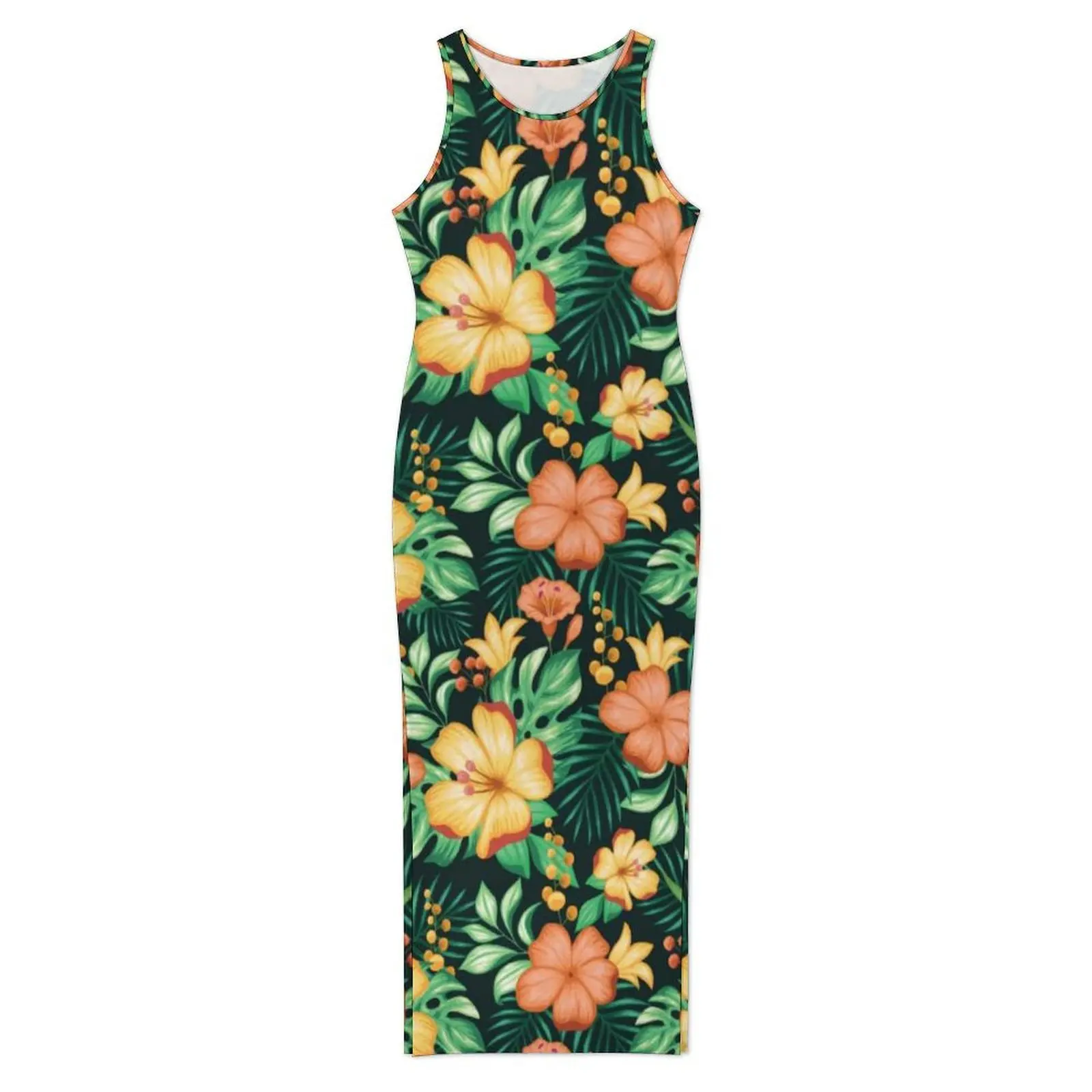 Floral Pattern Bodycon Dress Summer Tropical Orange And Green Flowers Club Sexy Maxi Dresses Woman Sleeveless Custom Dress