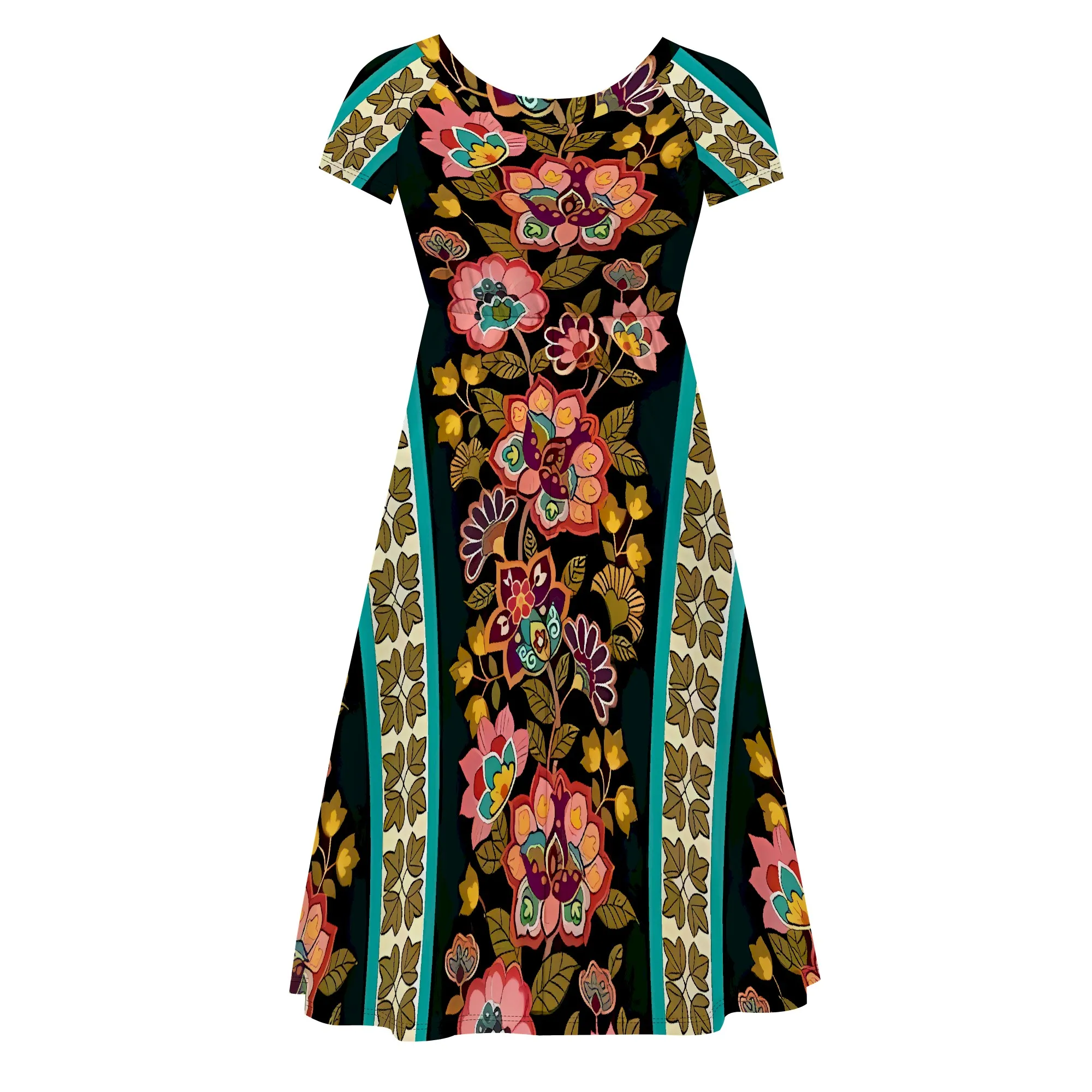 Nupusa Abito con stampa a righe floreali da donna Abito longuette estivo casual girocollo a maniche corte di taglia standard