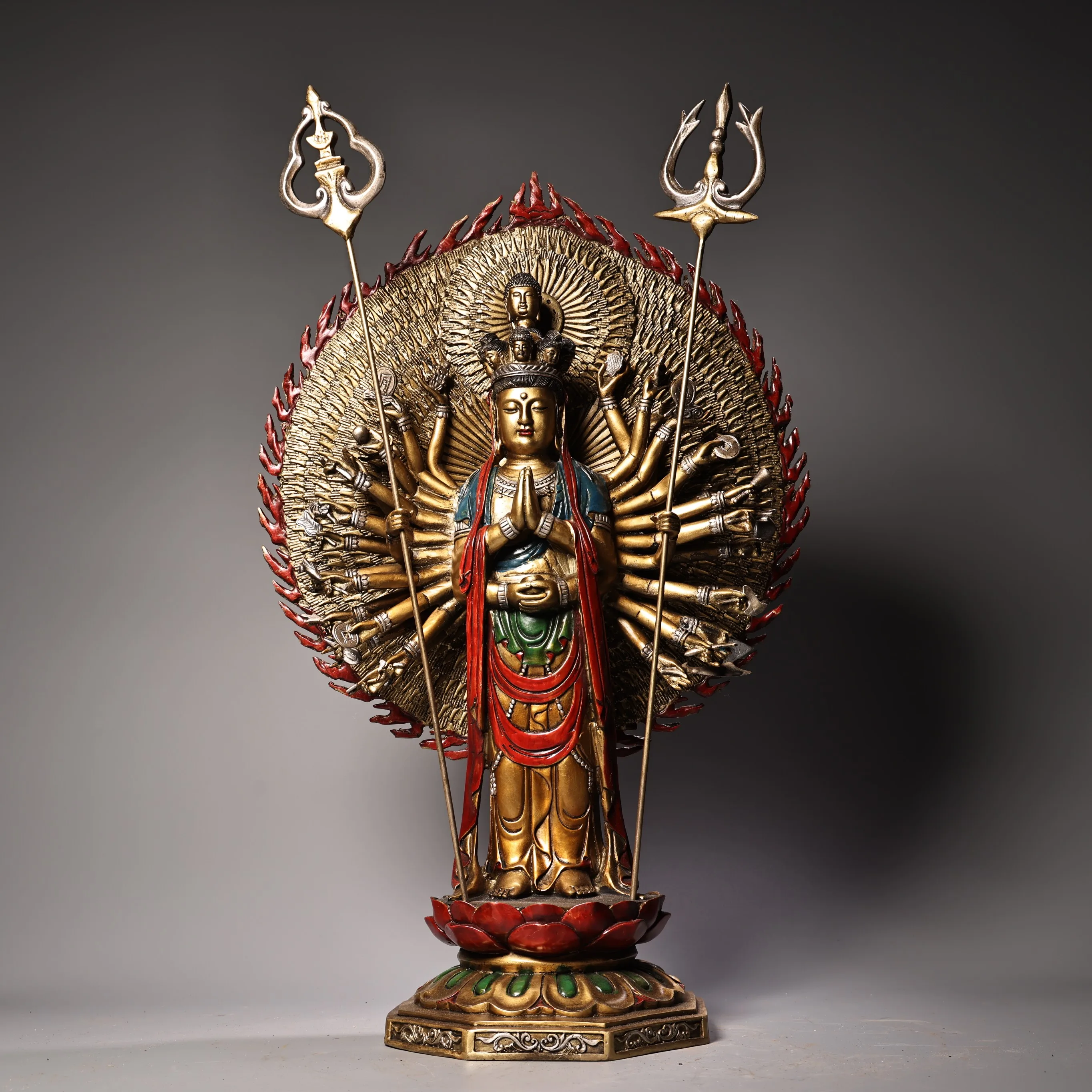 

24"Tibetan Temple Collection Old Bronze Painted Cundhi Bodhisattva Buddha 1000 Guanyin Standing Buddha Backlight Worship Hall