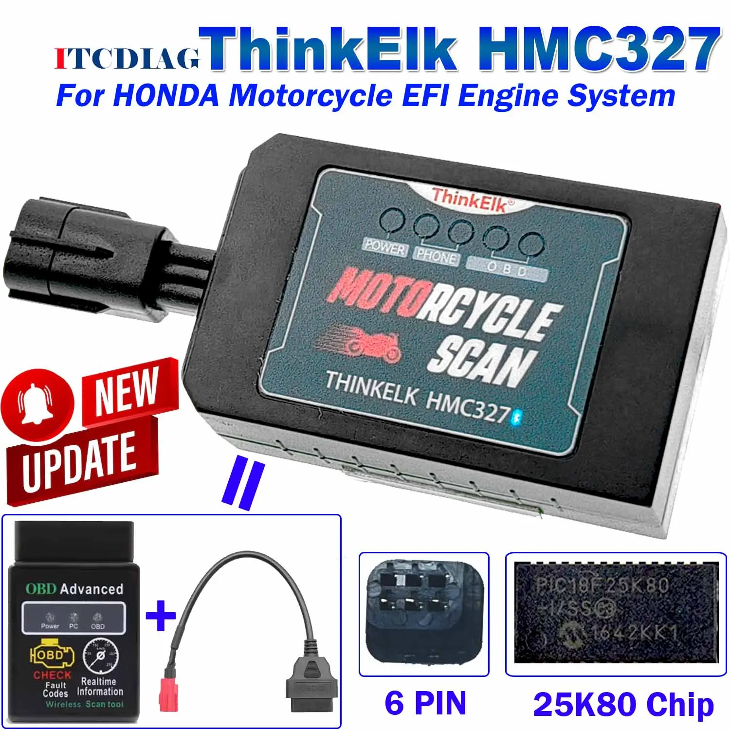 THINKELK HMC327 For HONDA EFI Motorcycle Update of ELM327 V1.5 OBD EFI Motobike Check Fault Code Scanner Diagnosis Tool Android