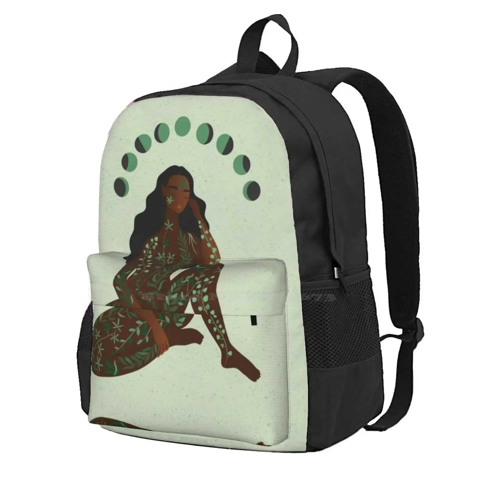 Green Phases Hot Sale Schoolbag Backpack Fashion Bags Meditating Growing Blooming Sitting Thinking Moon Phases Green Brown Girl