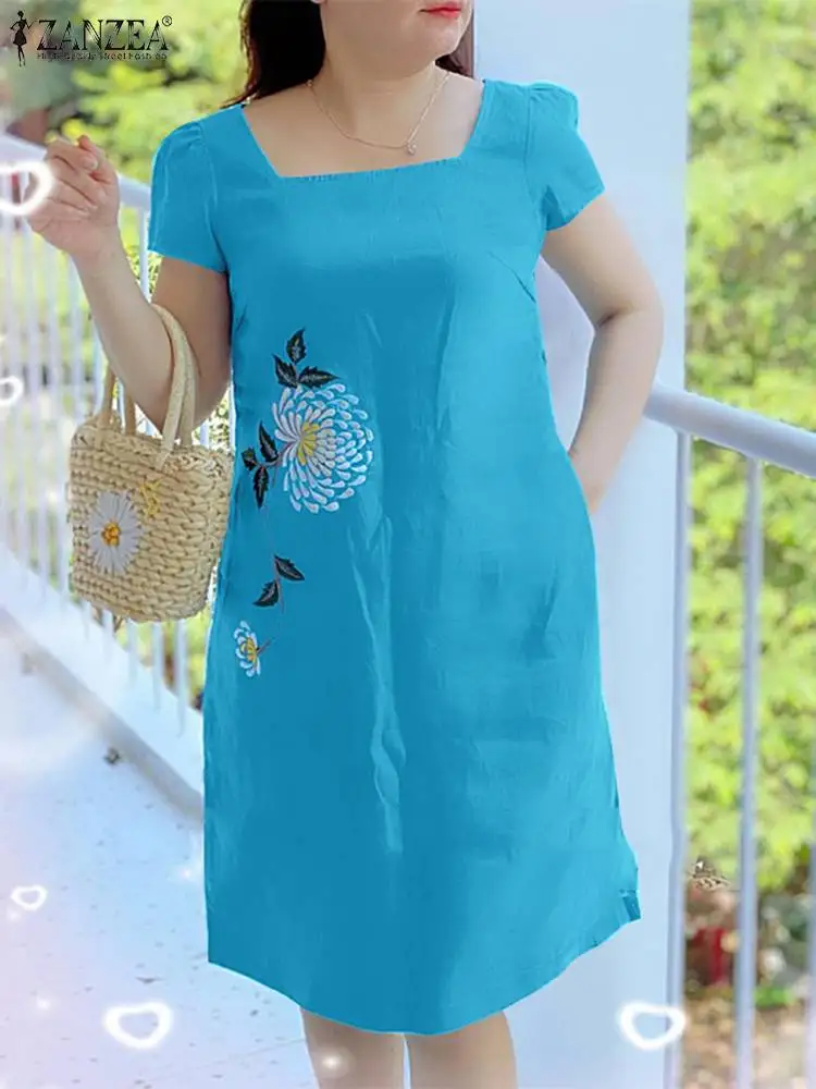 

Платье ZANZEA женское летнее с квадратным вырезом, элегантный цветочный Сарафан до колен, женская модель с коротким рукавом