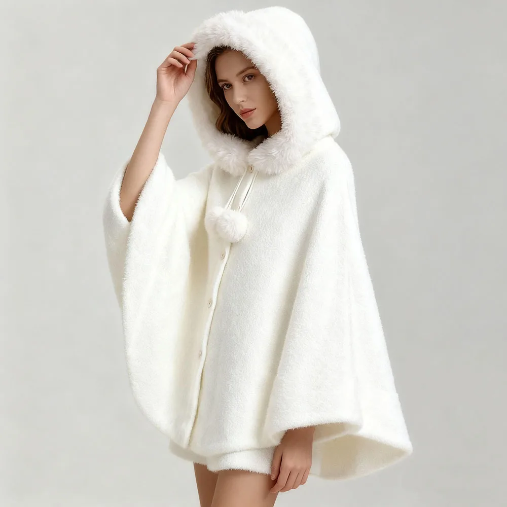 

Princess White Soft Faux Fur Mink Wool Cape Hooded Loose Outerwear Women Autumn Winter Thick Cloak Wedding Party Dress Poncho