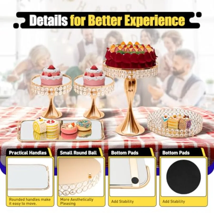 10 Pieces Gold Cake Stand Set, Vintage Cake Display Stand with Crystal Edge and Cupcake Display Tray, Dessert Table Display Set