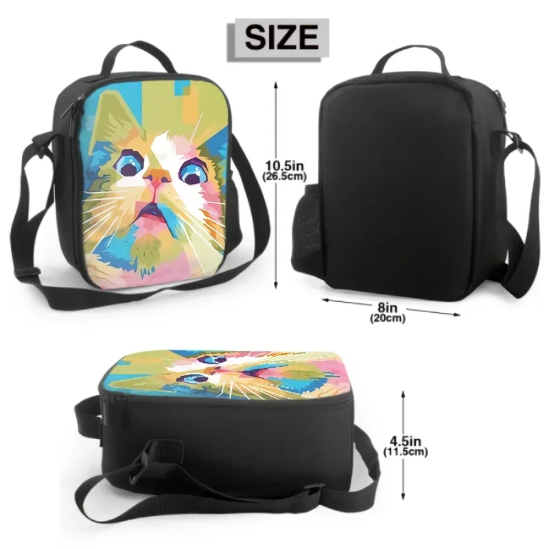 Funny Cat On Pop Art Style Insulated Lunch Bag for School Work Picnic Abstract Painting Tote Lunch Container Reusable Cooler Bag