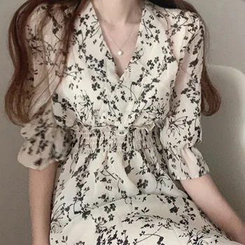 Jielur Korea Fashion Clothing Summer Slim Elastic Waist A Line V Neck Elegant Office Lady Floral Chic Chiffon Long Dress Retro