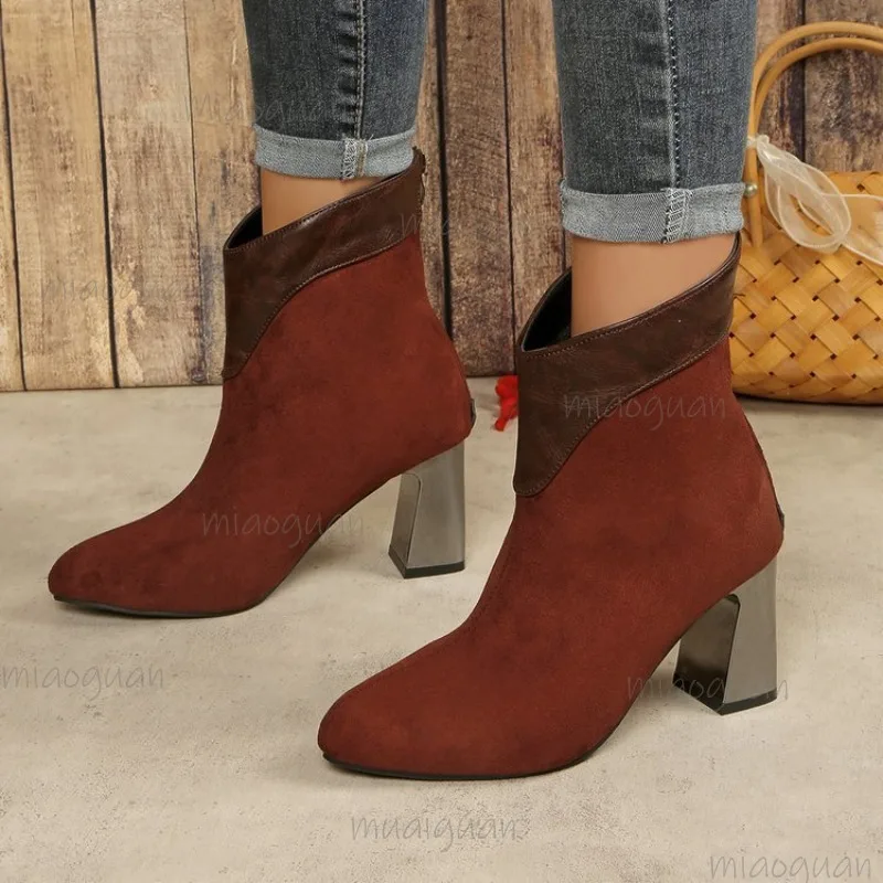 

Размер 35–43, осенне-зимние красные женские полусапоги, женская обувь на высоком каблуке, модная обувь, замшевые ботильоны Botas Mujer