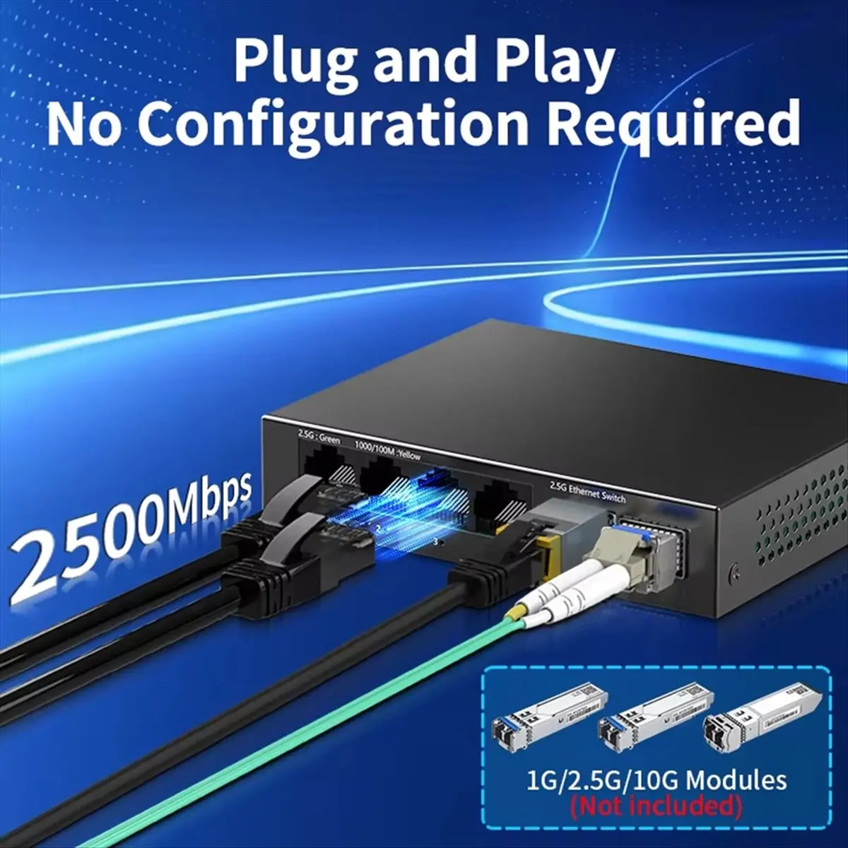 SWXF 2.5GbE Switch 2.5GBASE-T 4 Port 2.5G RJ45 with 2 Port 10G SFP+ Fanless Plug and Play,Network Switch Desktop Wall US Plug