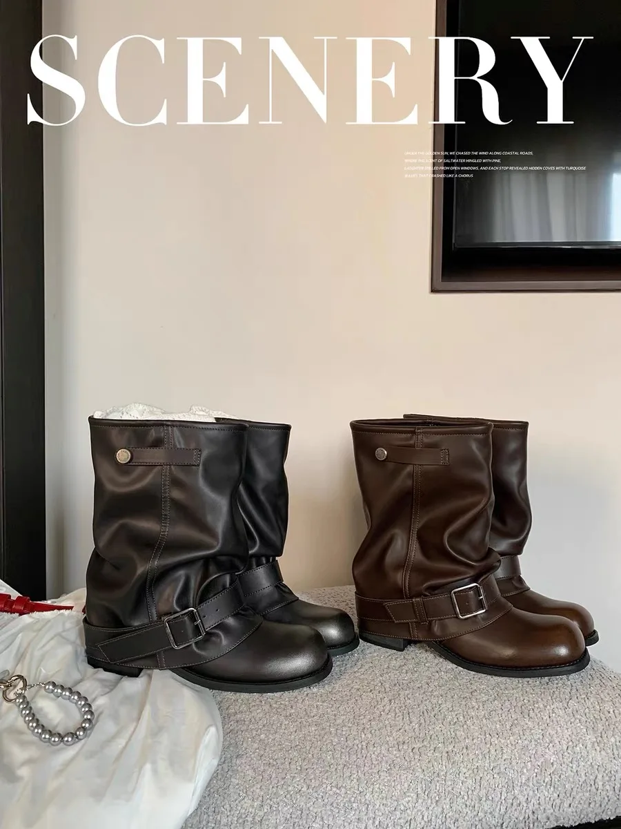 Women's Vintage Slouchy Ankle Boots Leather Buckle Belt Motorcycle Mid Calf Boot Casual Low Heel Slip On Round Toe Short Shoes