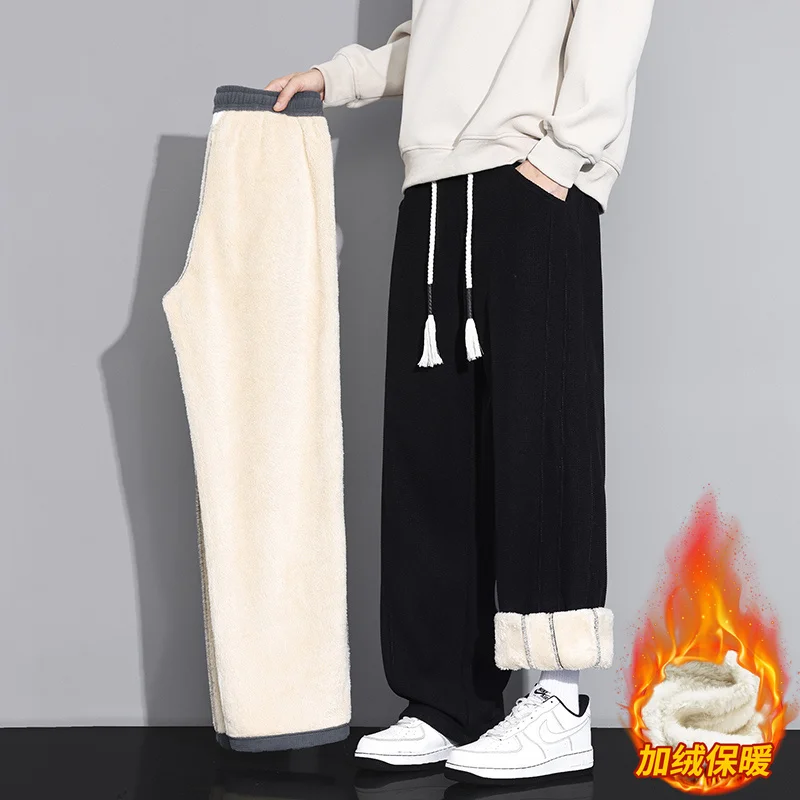 Winter Plush Thick Casual Pants Men Fashion Trendy High Quality Pants Full Lamb Fleece Lined,Thermal Super Warm Cold Season Pant
