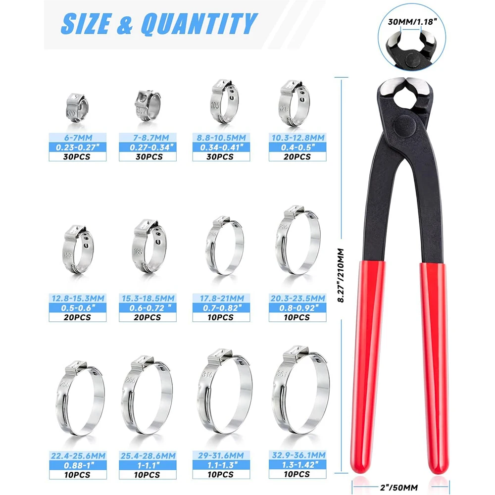 210Pcs Single Ear Hose Clamp Kit, 6-36.1mm 304 Stainless Steel ,With Pincer Tool,Fuel Line Clamps,For Automotive,Garden Hose