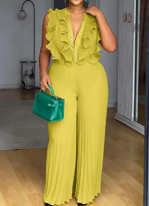 

Элегантный модный комбинезон 2026 года: повседневный, с рюшами, V-образным вырезом, без рукавов, на пуговицах спереди, плиссированный, с широкими штанинами, на молнии сзади