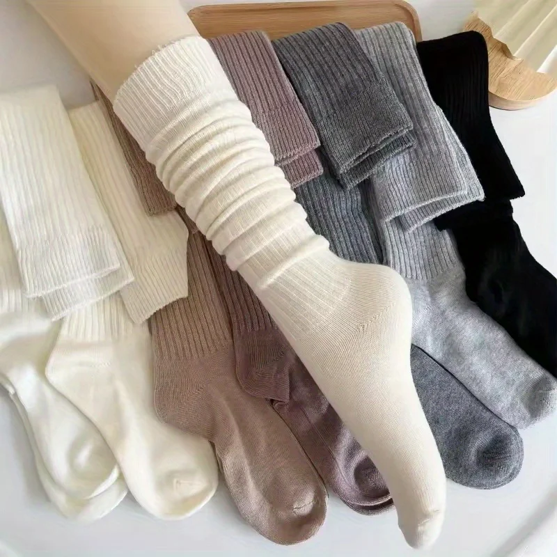 5 Paar dicke, einfarbige, flache Wadensocken für Damen im Herbst und Winter, modische, schmale Passform, gestreift, bequem, lange Röhrensocken