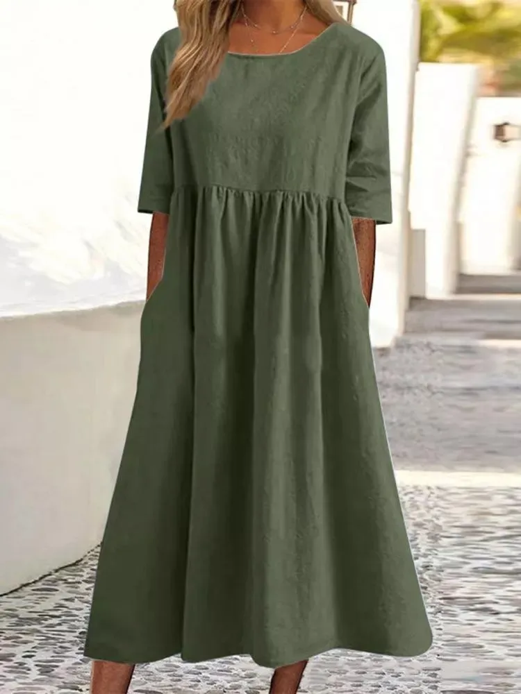 2023 new Women Cotton Linen Loose Long Maxi Dress Autumn O-Neck Long Lantern Sleeve Solid Oversized Pocket Dresses S-2XL 5XL 4XL