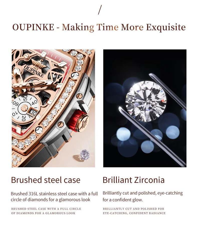 OUPINKE Original Women's Watches High Quality Rubber Strap Imported Japan Movements Automatic Mechanical Wrist Watch for Ladies
