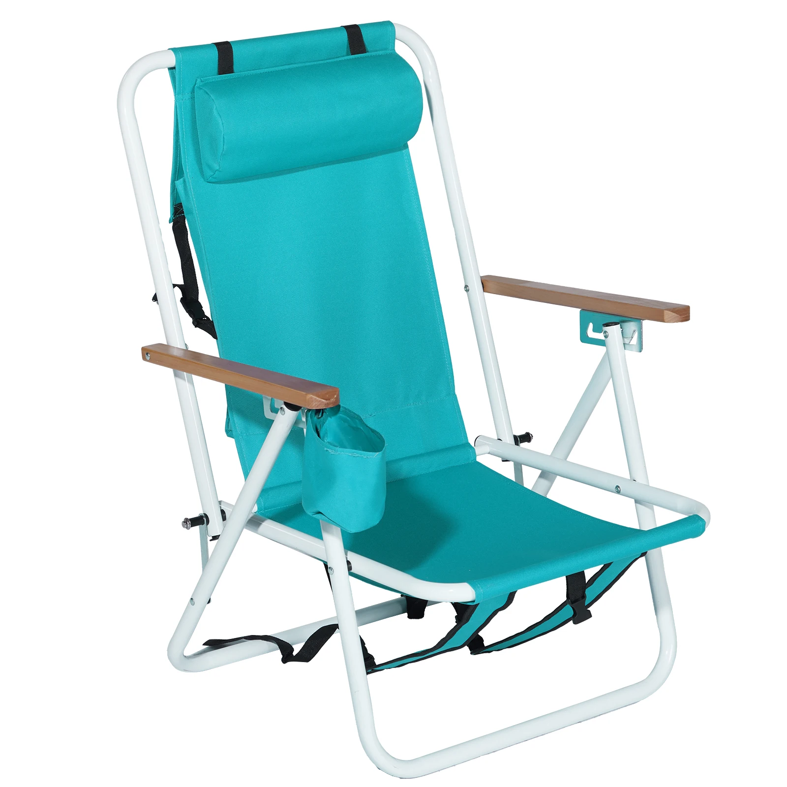 

Folding Beach Chair, 4 Position Portable Backpack Foldable Camping Chair with Headrest Cup Holder and Wooden Armrests, Green