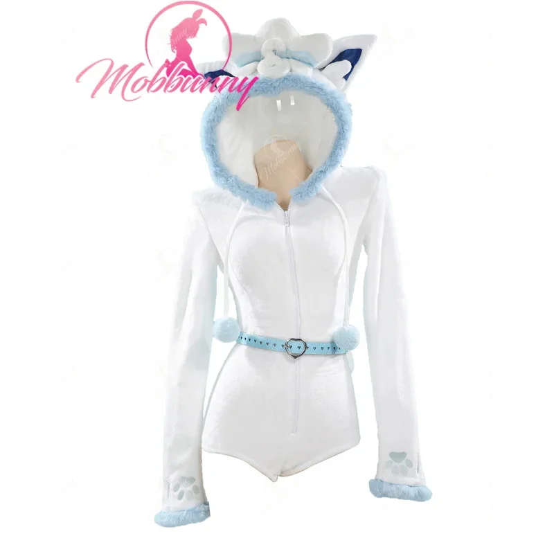 Mobbunny PM مشتق رقيق Bodycon رومبير مثير الملابس الداخلية أبيض أزرق فروي مقنعين ارتداءها مع حزام الذيل والجوارب