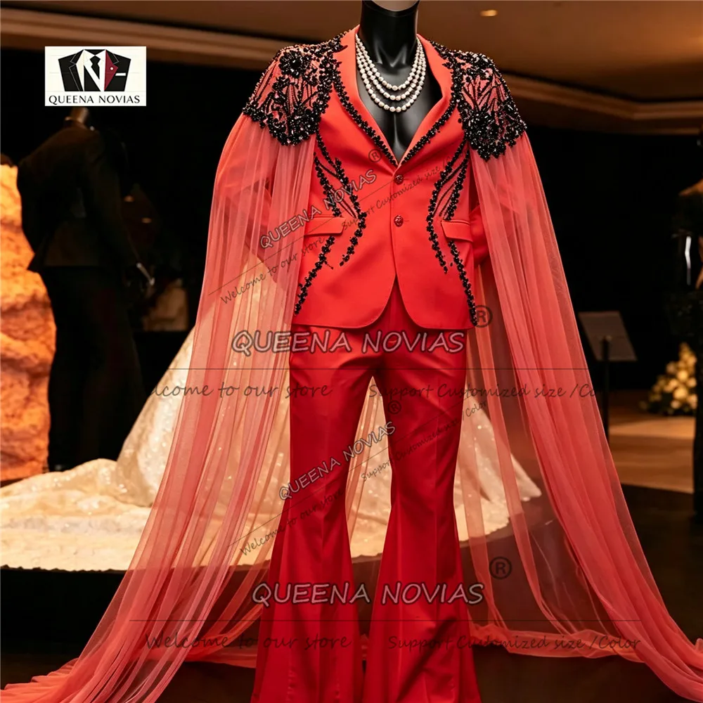 Exclusive Wedding Suits For Man Black Beaded Stones Prom Blazer With Tulle Cape Long Customized Groom Dinner Party Tuxedo Attire
