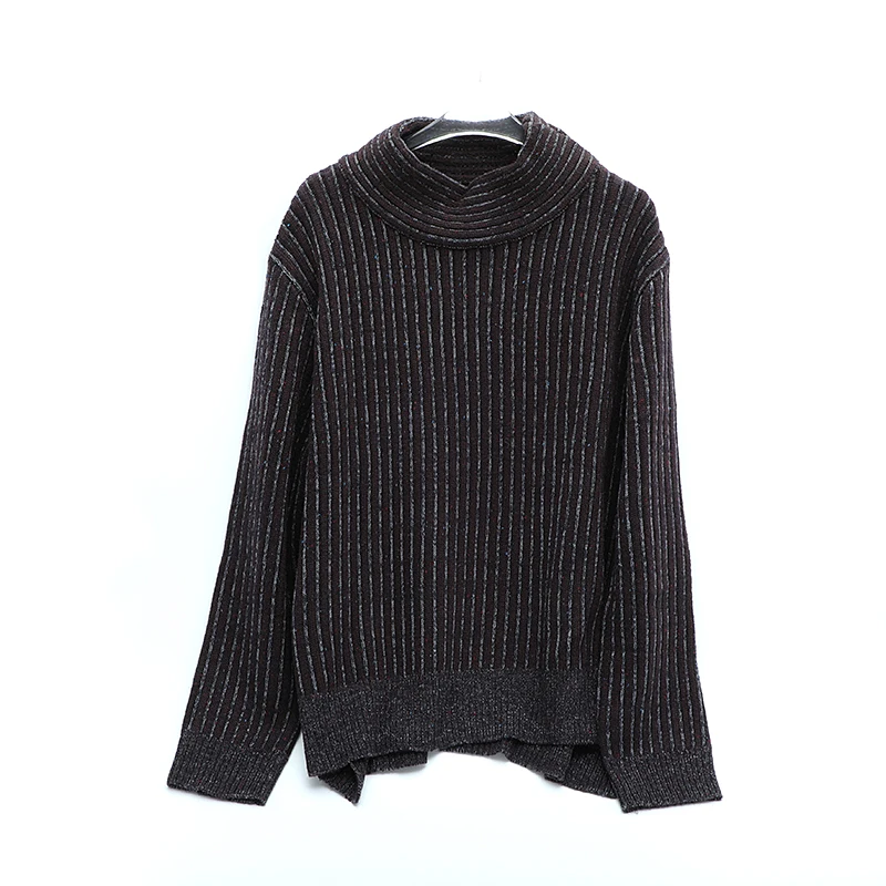 

Wool Blend Knitted Sweater f High Collar Casual Sle Women's Faion mid Autumn Collection Long Sve Striped Pattern