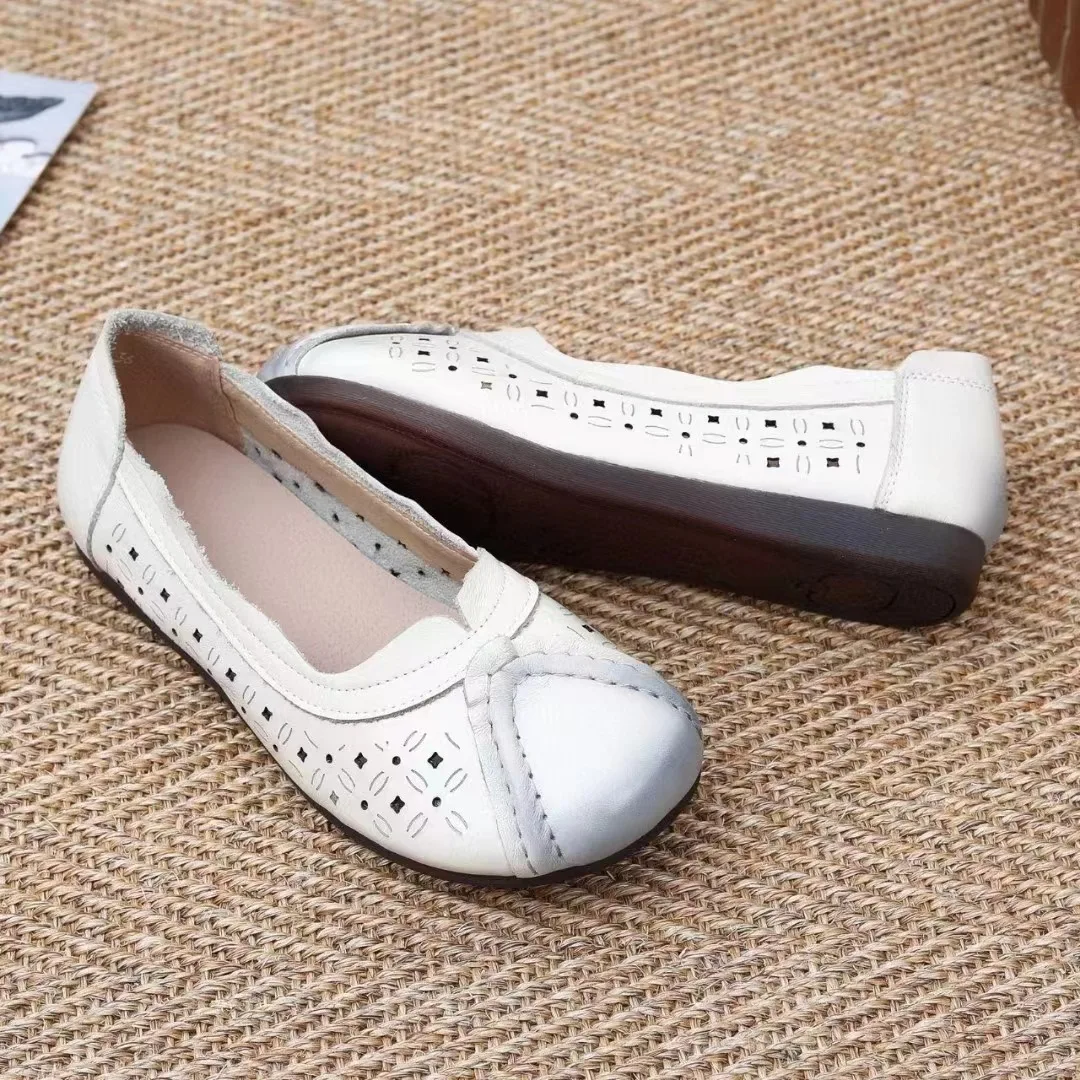 New hollow out ballet flats women's retro slip on shallow shoes woman genuine leather moccasins ladies soft top quality loafers