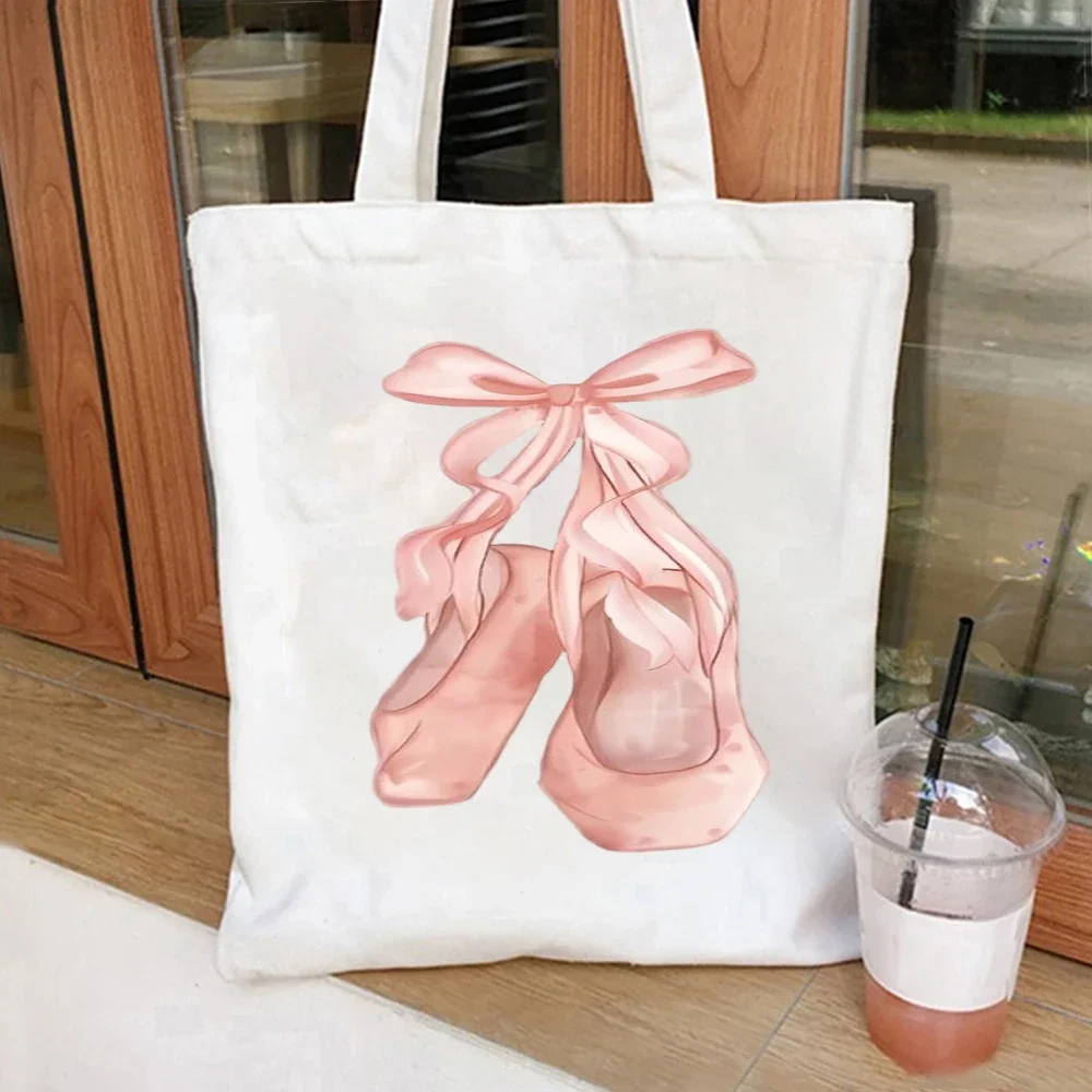 Ballet Pointe Shoes Canvas Tote Bag Pink Ribbon Graphic Handbag For Dance Lover Outdoor Travel Shoulder Bag