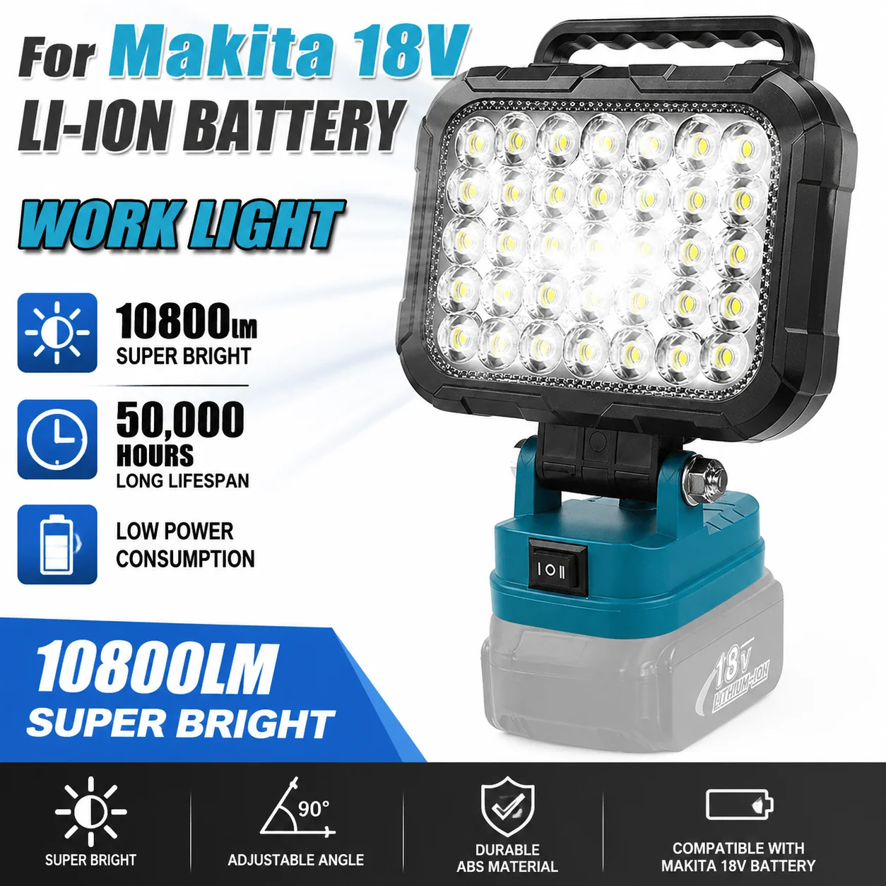 3/4/5/8 Zoll LED-Arbeitsleuchte, geeignet für Makita 14,4V 18V Akku-Lampe mit Griff und USB-Ladefunktion.