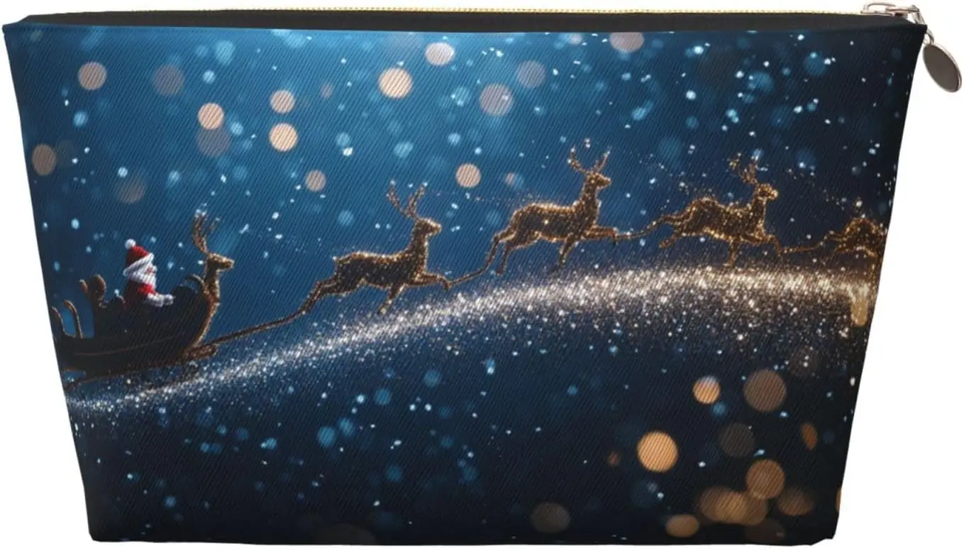 Cosmetic Bag Christmas Blue Deer Santa Makeup Pouch Travel Toiletry Organizer Zipper Waterproof for Women