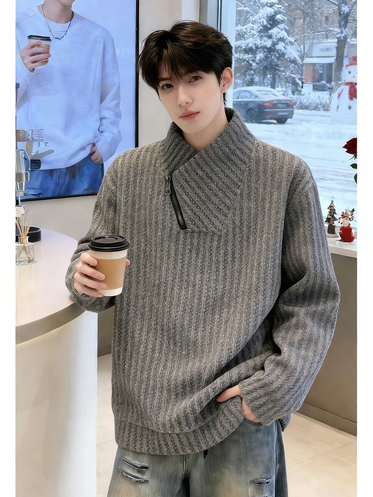 

ay American Sle Zipper Hoodie Men's Autumn Winter Fibone Pattern Long Sve Fce Lined Stand Collar Inner Wear Top