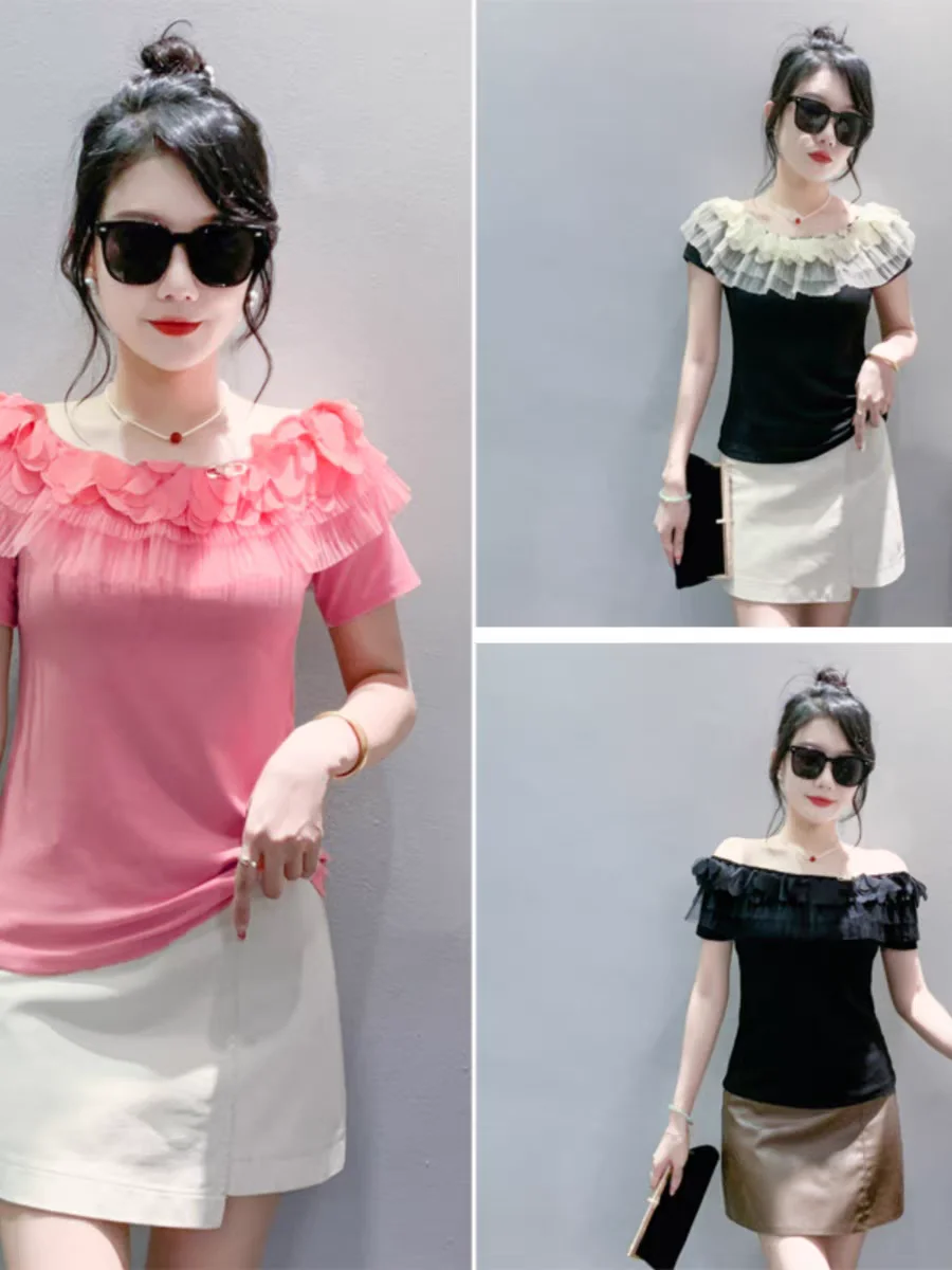 2024 Summer Short Sleeve Cotton T Shirts Girl Patched Ruffles Mesh Slash Neck Stretchy Tee Tshirt Women Slim Tops