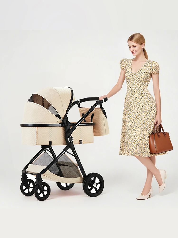 3-in-1 Baby-Kinderwagen mit Hochlandschaftsposition, verstellbarem Griff, Reisekinderwagen mit Wickeltaschen und Netz, Baby-Buggy – Detail 1