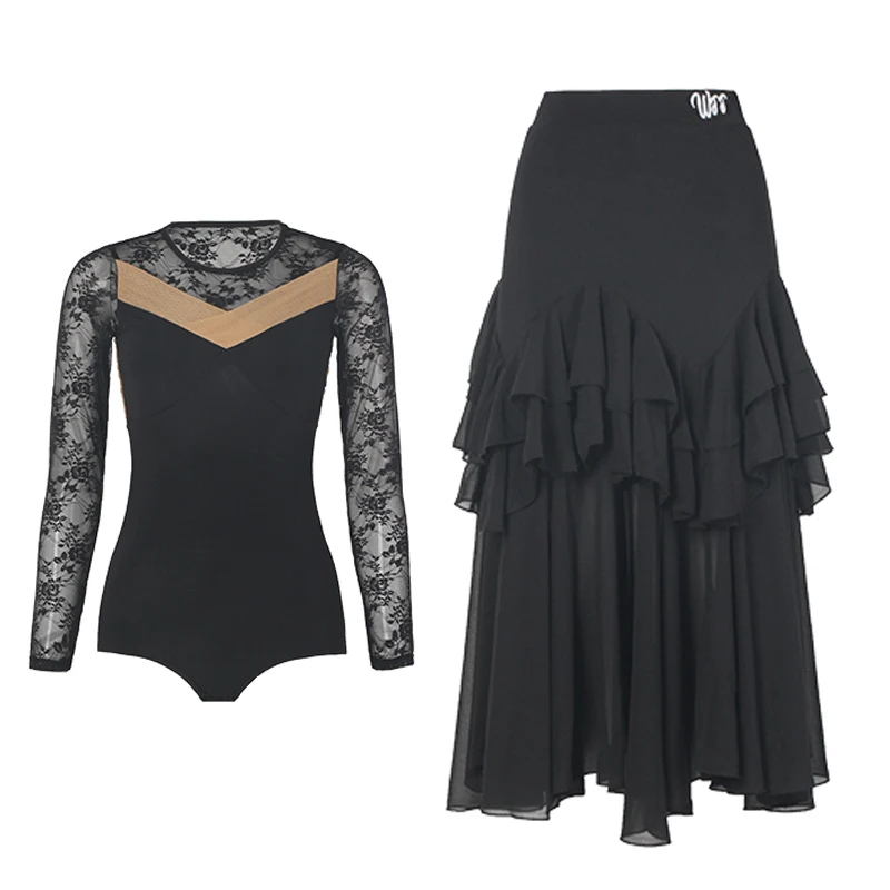 วอลทซ์บอลรูมแดนซ์การแข่งขันเครื่องแต่งกายผู้หญิงเต้นรำสมัยใหม่เสื้อผ้าผู้ใหญ่ตาข่ายละตินท็อป รัฟเฟลด์กระโปรงชุดเดรส SL13787