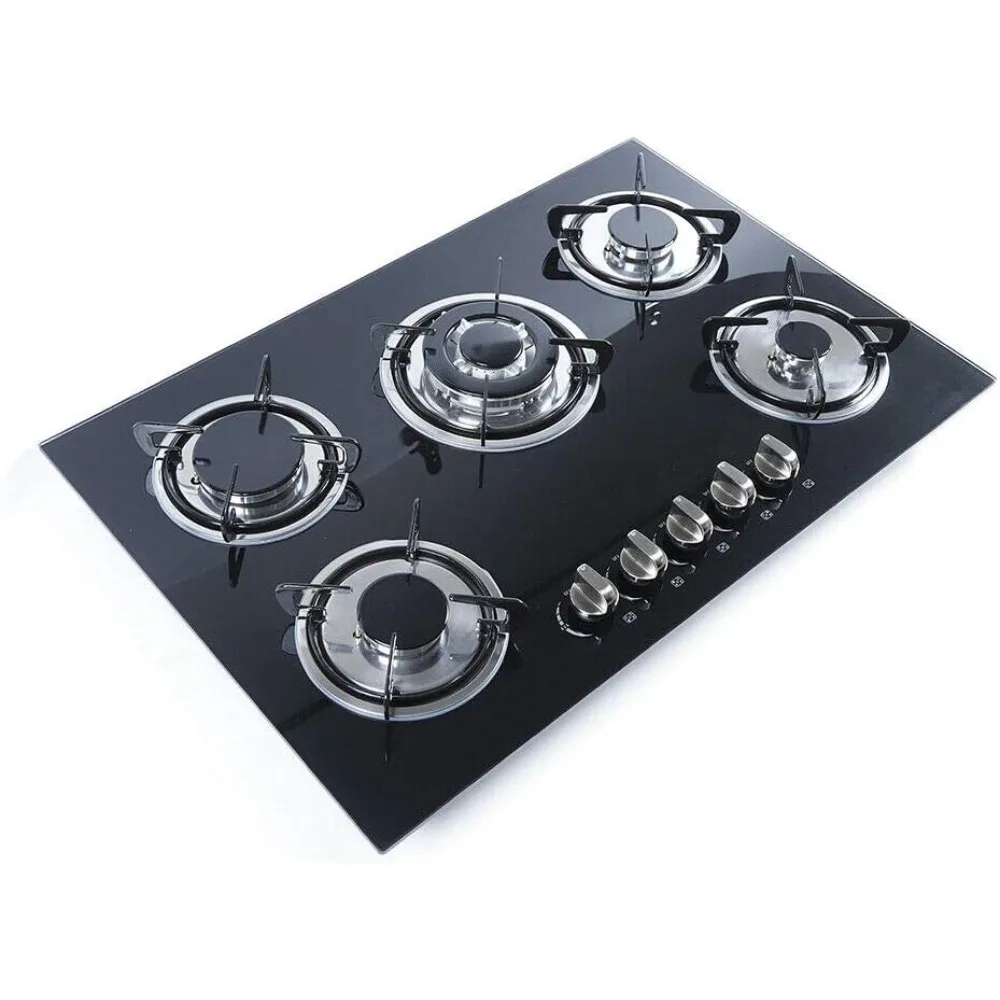 Table de cuisson à gaz intégrée 30x20 pouces, 5 brûleurs, table de cuisson en verre trempé, plaque de cuisson à gaz pour la cuisine
