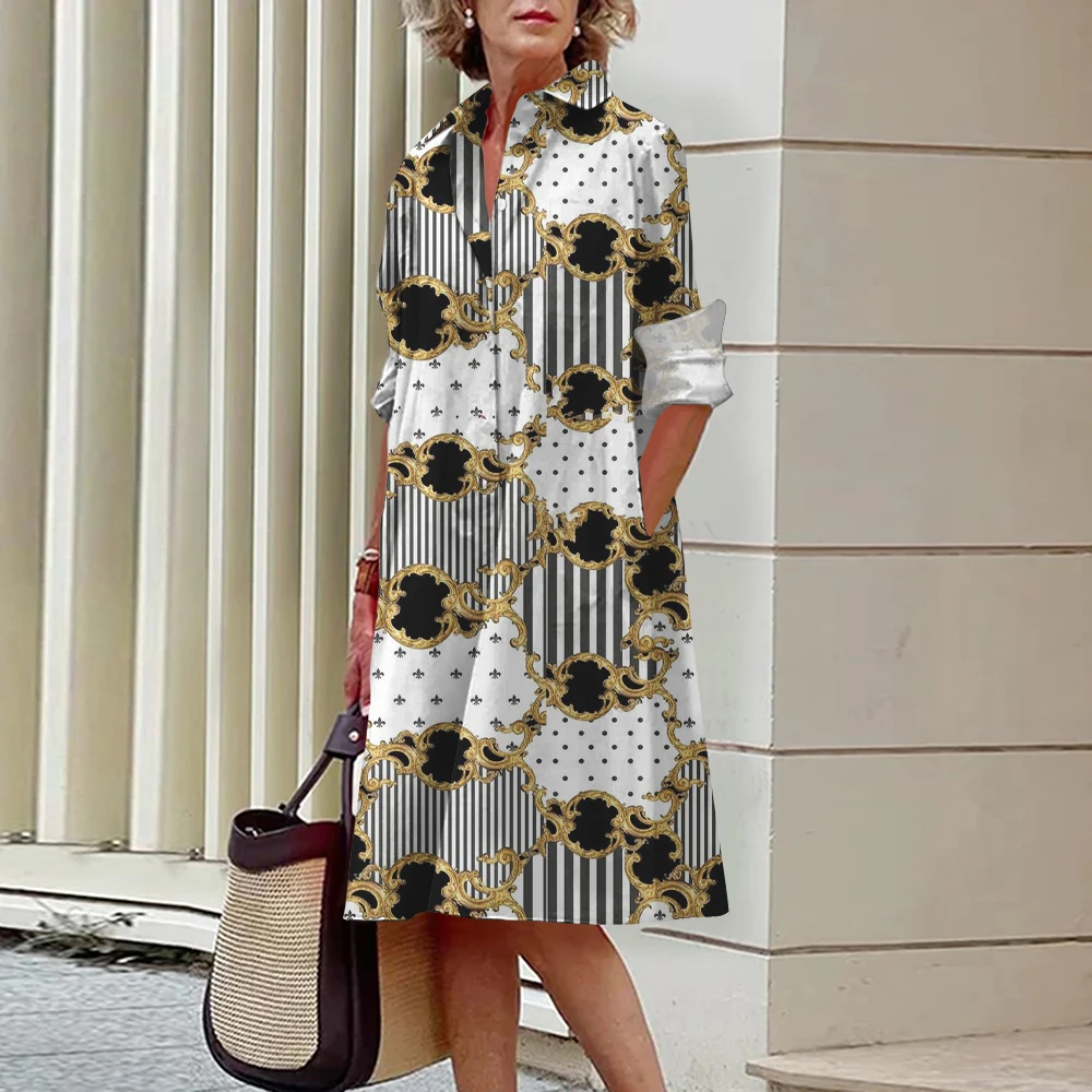 2024 Elegant Ladies Long Sleeve Shirt Dress Lapel Button Exquisite Printing Mid-Length Dress Casual Loose Commuter Shirt Dresses