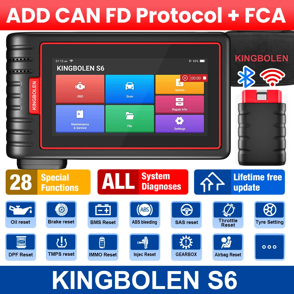 KINGBOLEN S6 Outil de diagnostic automobile toutes fonctions Can FD, Scanner OBD, 28 fonctions de réinitialisation (IMMO/BMS/TPMS/ABS), purge, outil de diagnostic gratuit à vie