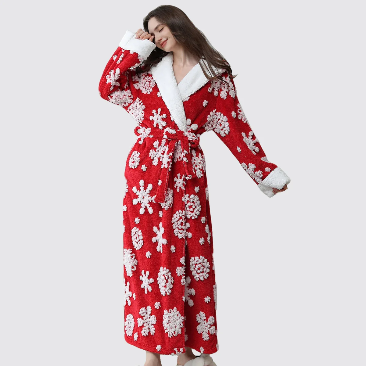 

2025 Winter New Jacquard Nightgown Luxury Christmas Nightgown Hooded Pajamas Ladies Warm Hooded Home Clothes Christmas Gift