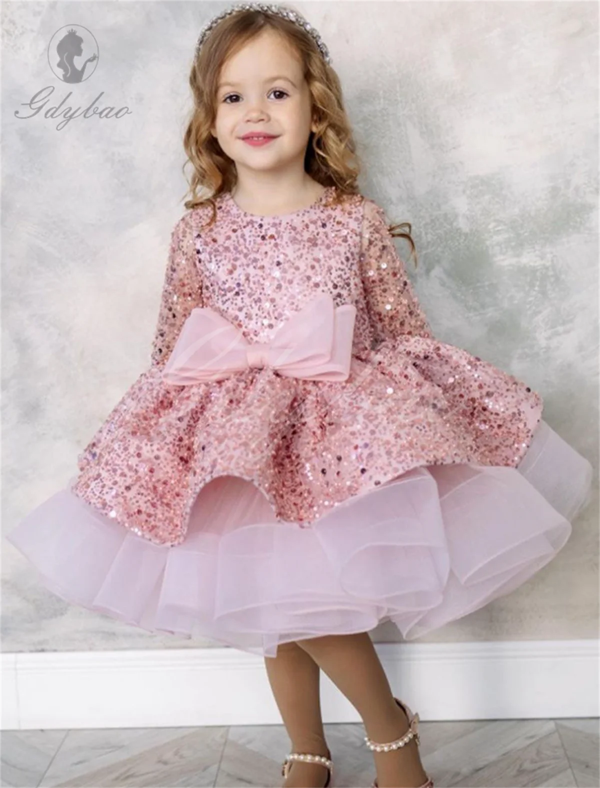 Vestido infantil de veludo princesa lantejoulas, vestido de manga comprida feminino, malha alta, desempenho do banquete, moda