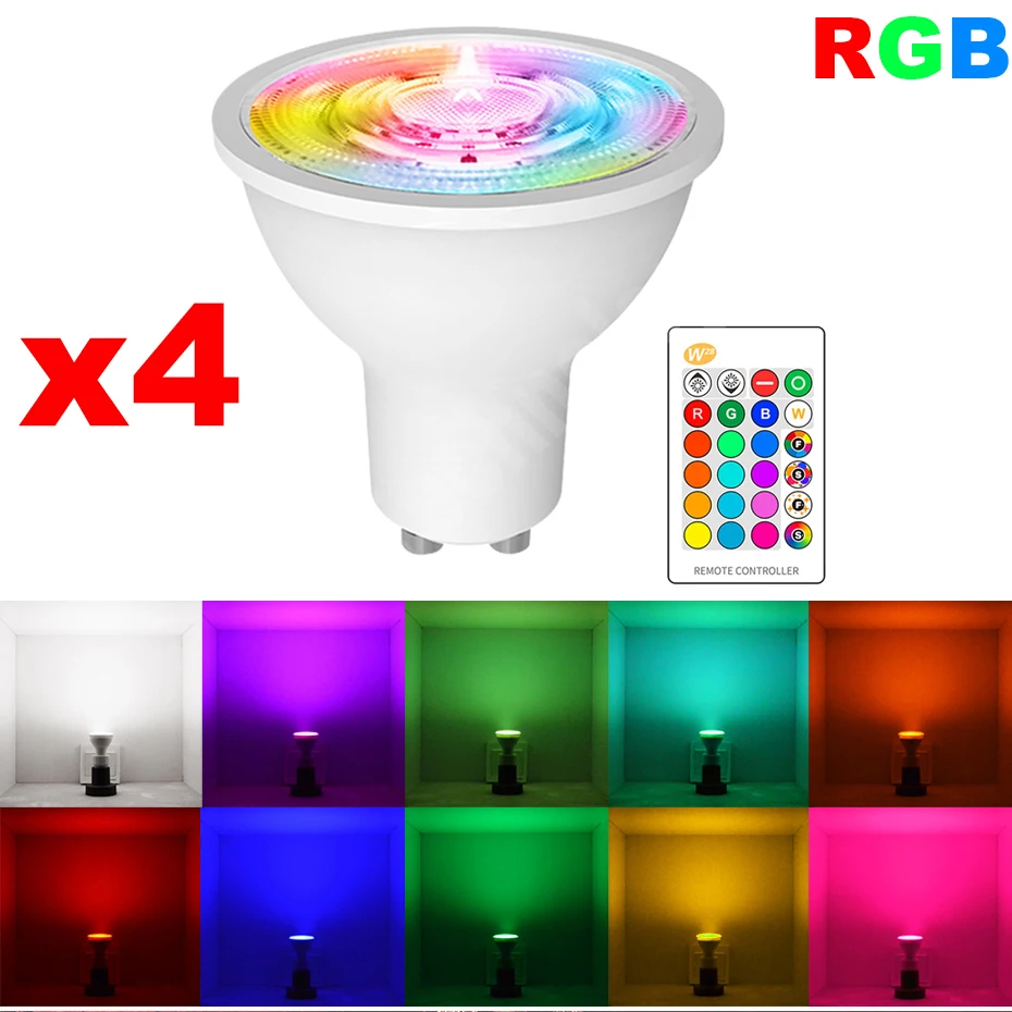 

4Pcs/lot GU10 8W LED Bulb Light 16 Colors RGB Dimmable LED Lamp Spotlight AC 110V 220V IR Remote Control for Home Decoration