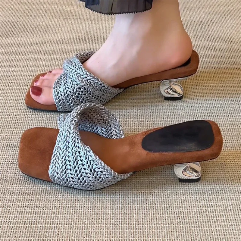 

Летние женские вязаные мюли Aneikeh с квадратным носком, на каблуке с кристаллами, модные шлепанцы с открытым носком на среднем каблуке, повседневная обувь для вечеринок