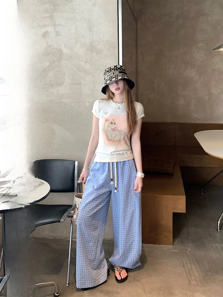 

Luu повседневные брюки женские с высокой талией широкие брюки Dstring Color Blo Plaid ленивый свободный крой летние дизайнерские брюки Sensation