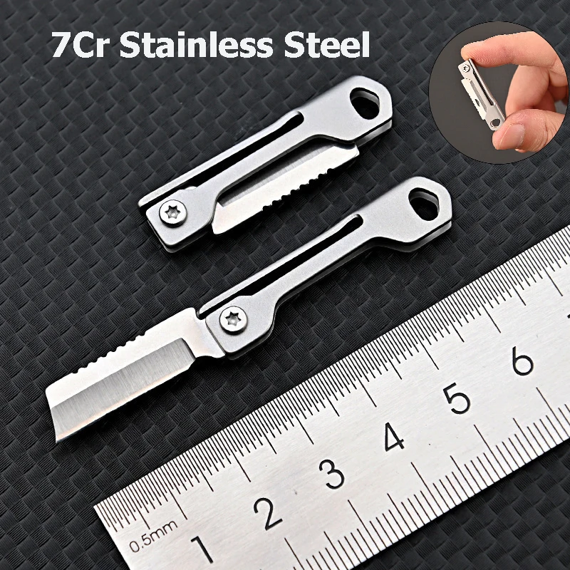 1Pc Stainless Steel Folding Knife Mini Square Head Multi-function Pocket Knife Keychain Pendant