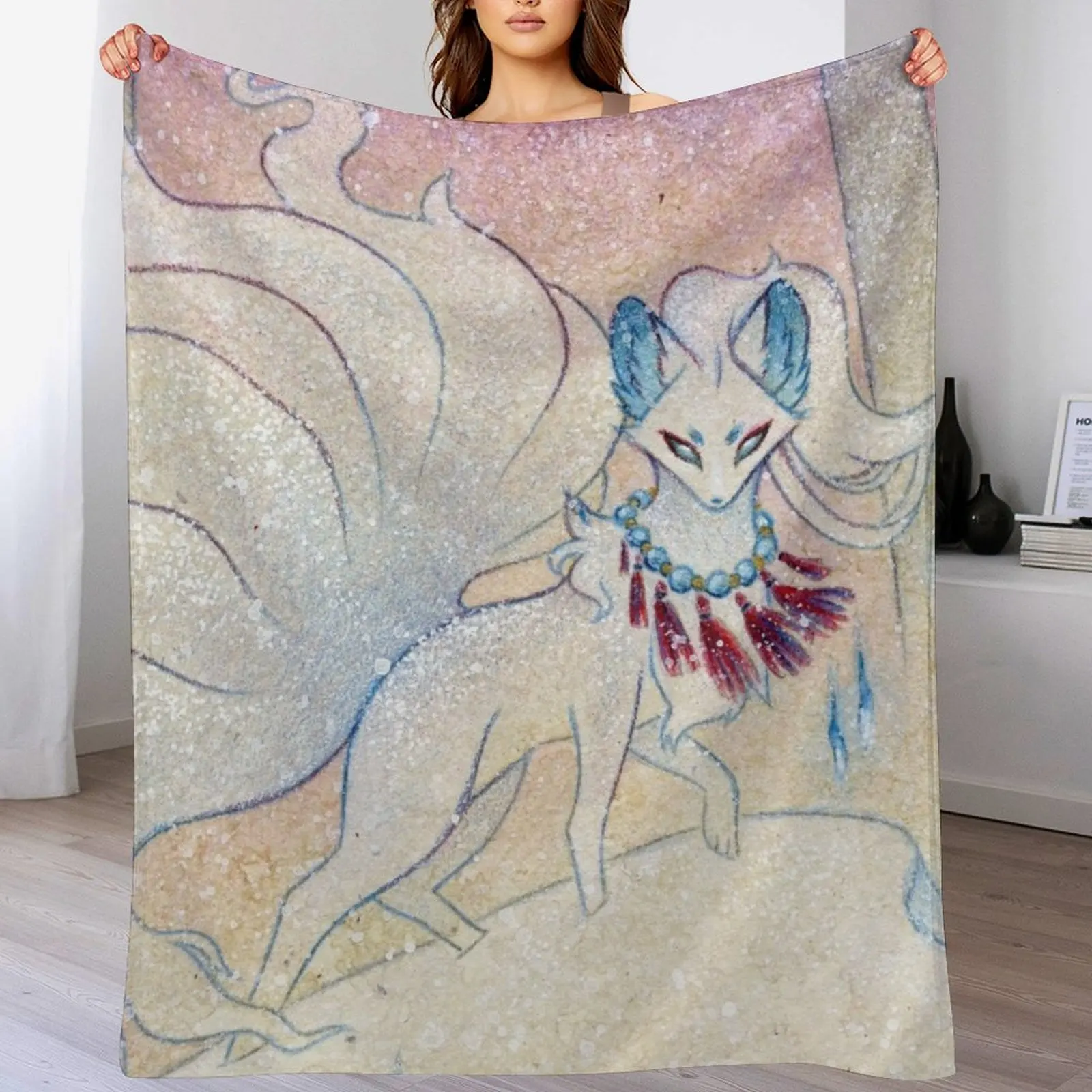 Winter Twilight Kitsune Guardian Throw Blanket anime Flannels Soft Plush Plaid christmas gifts Blankets