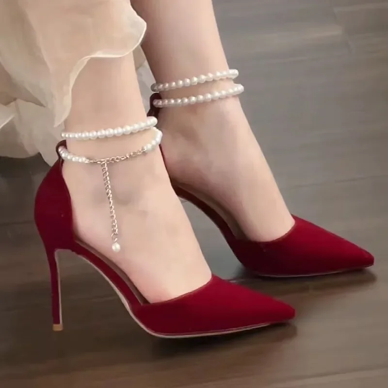 Shoes Female 2024 String Bead Buckle Strap Women's High Heel Sexy Party Pumps Women Pointed Toe Super High Thin Heel Shoes Women